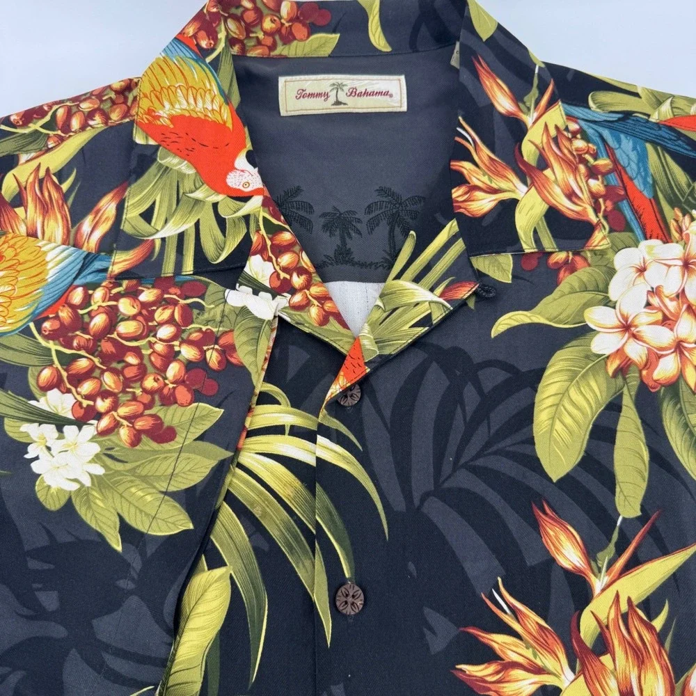 Tommy Bahama Mens S Silk Parrot Tropical Floral Camp Shirt Black Short Sleeve